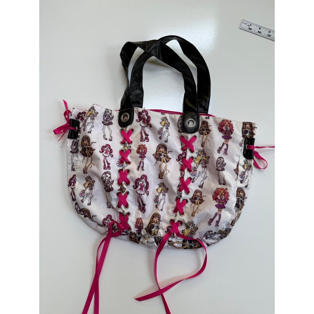 Monster High Character Print Tote Bag Pink Ribbon Lace Up Grommet Y2K Goth White